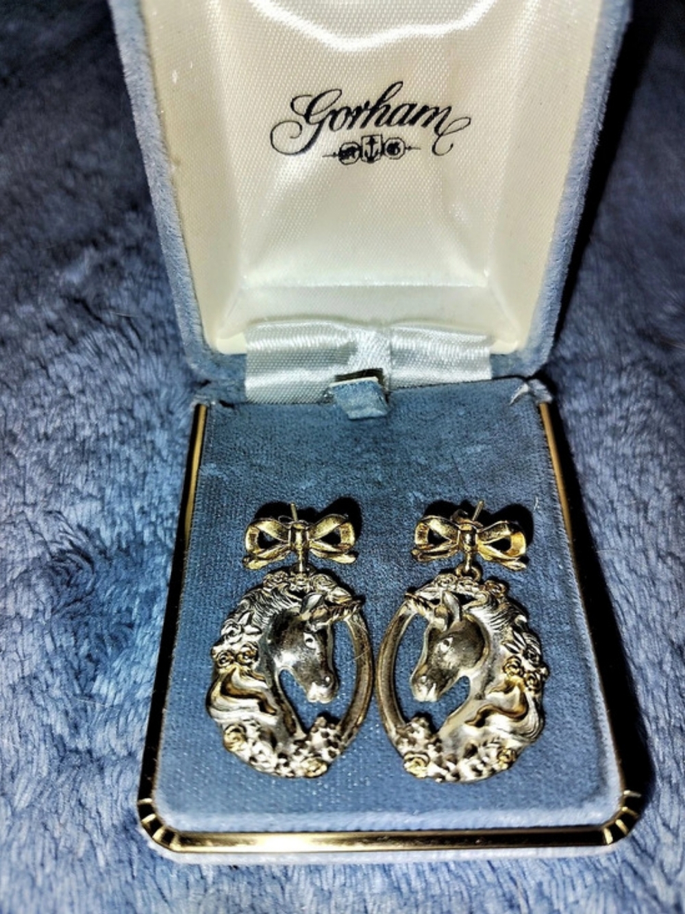 Gorham Sterling Unicorn Ribbon Earrings Gold & Silver